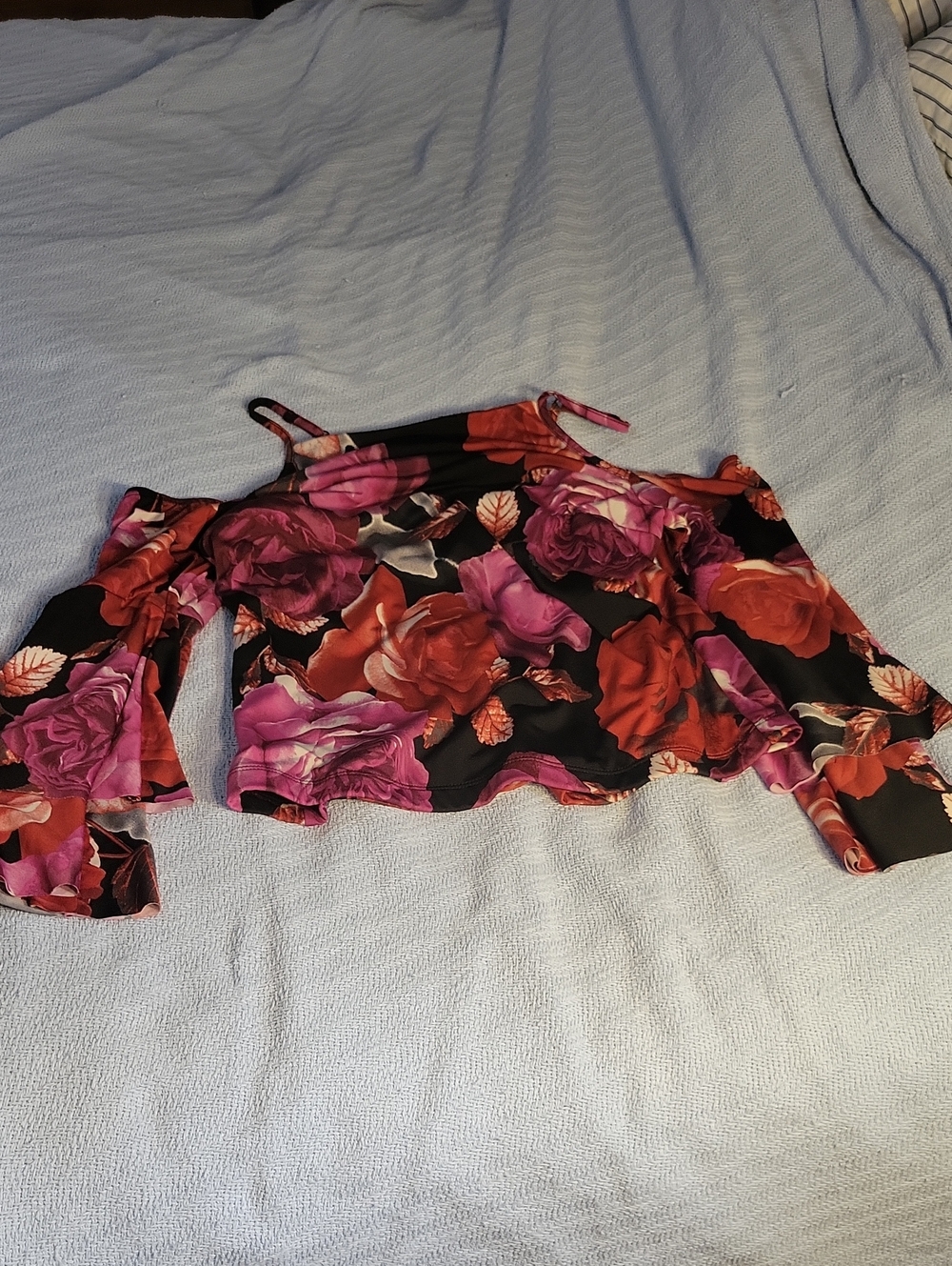 VENUS Black Floral Off-Shoulder Crop Top with Pink and Red Roses